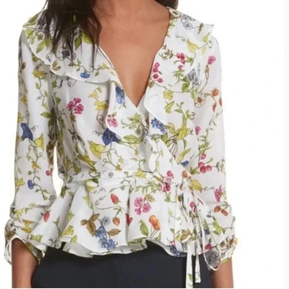 MILLY Women's White Floral Ruffle Wrap Blouse Size 2 - Picture 2 of 8